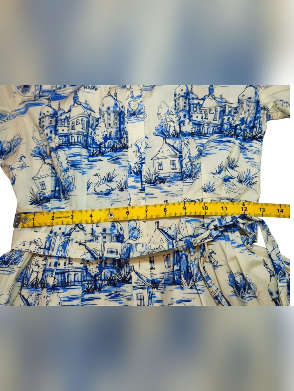 NWT Baltic Born Layne Holland Toile Midi Dress Cream Blue Tie Waist Size S - Picture 6 of 11